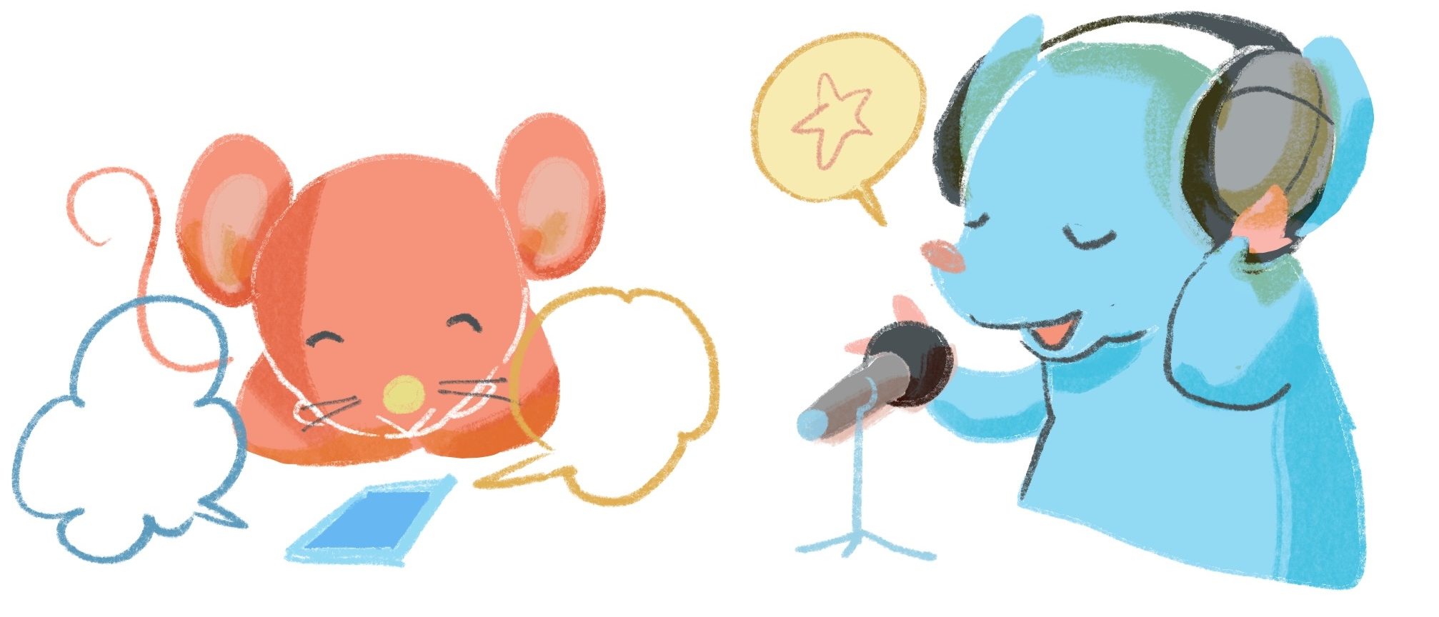 音声を聞いているネズミと、マイクを前に話しているネズミのイラスト