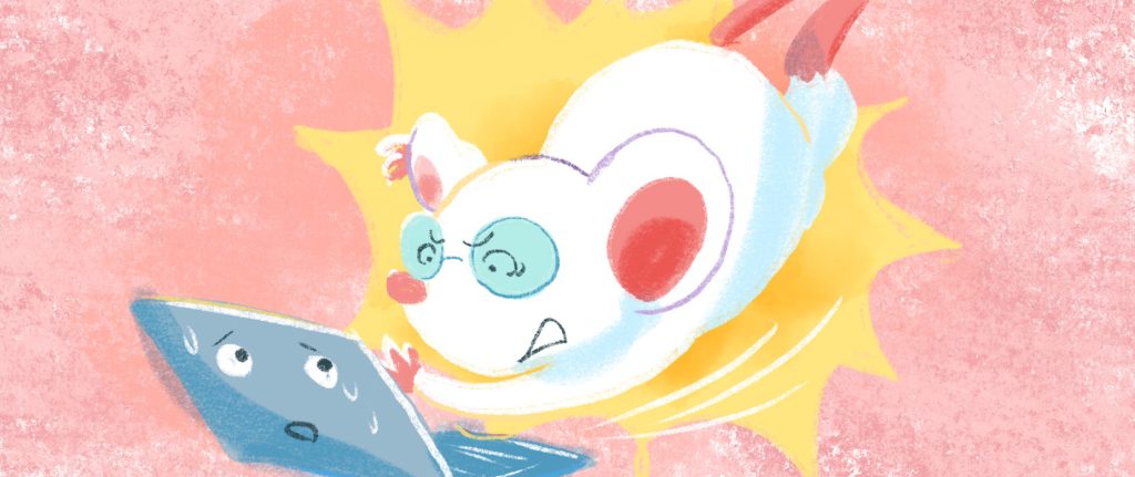 ネズミがジャンプしながらノートパソコンをタップしているイラスト
