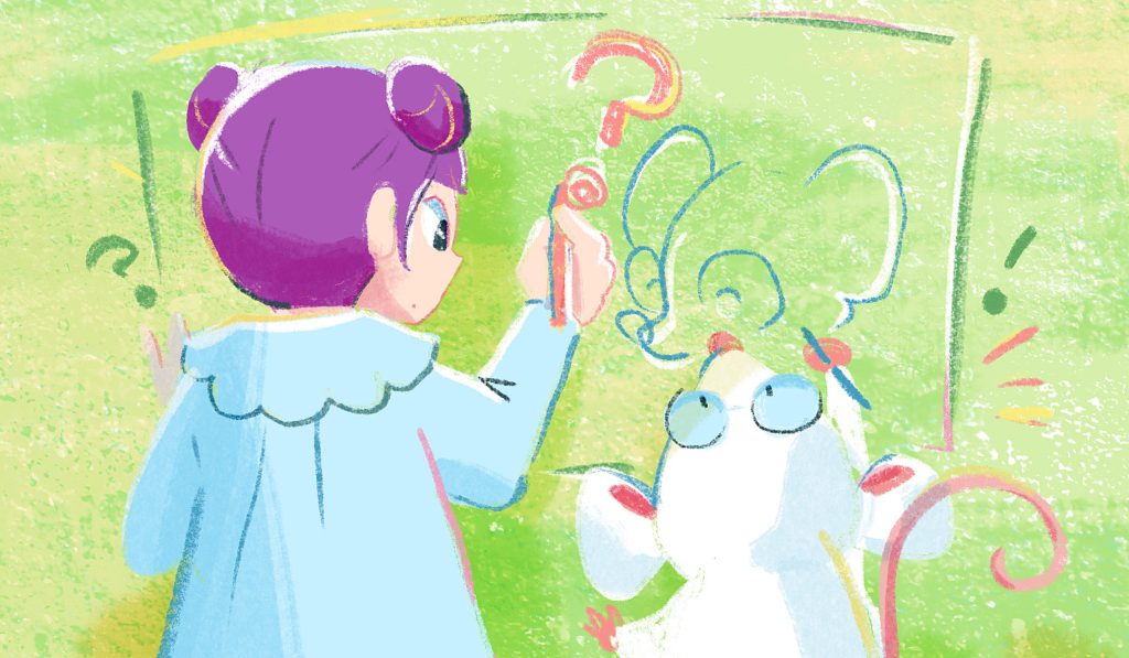 ねずみと女の子が、壁に絵を書いているイラスト