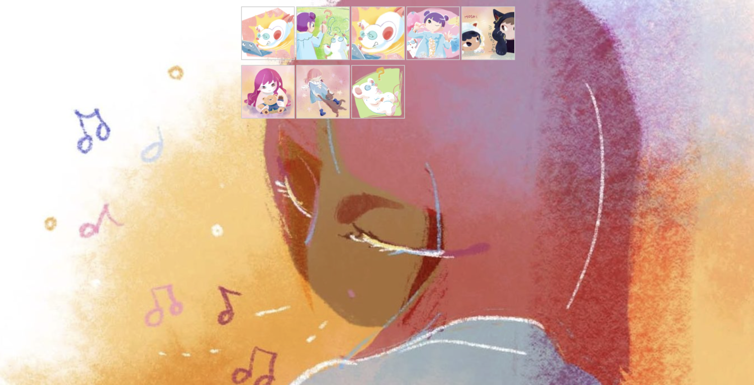 ブラウザのスクリーンショット。イラストの背景に、ギャラリーのように別のイラストが並んでいる