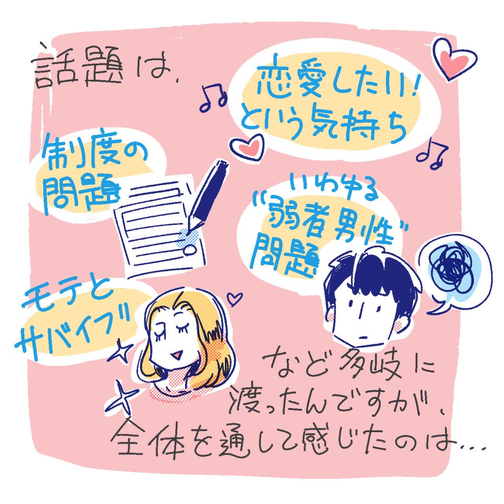 話題は、
・恋愛をしたいという当事者の気持ち
・制度上の問題
・いわゆる“弱者男性”問題
・モテとサバイブ
などなど…多岐に渡ったんですが、全体を通して感じたのは、