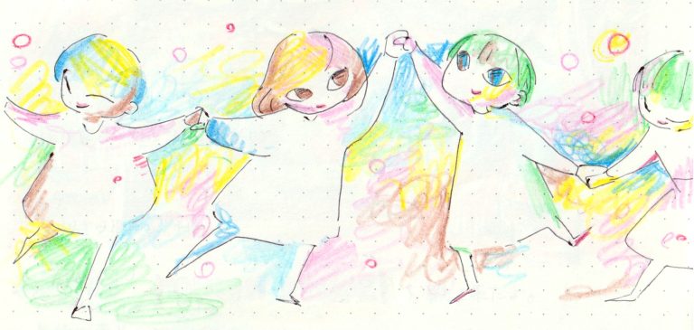 イラスト。手を繋いで踊っている人たち