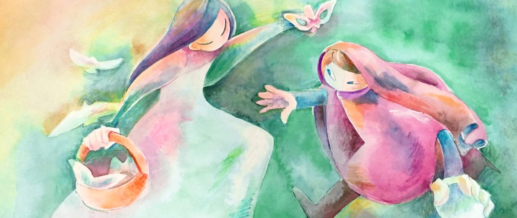 イラスト。バスケットに鳥のようにも仮面のようにも見える何かを持っている人。それを奪おうとする人。その人は何か球体のようなものを持っている。