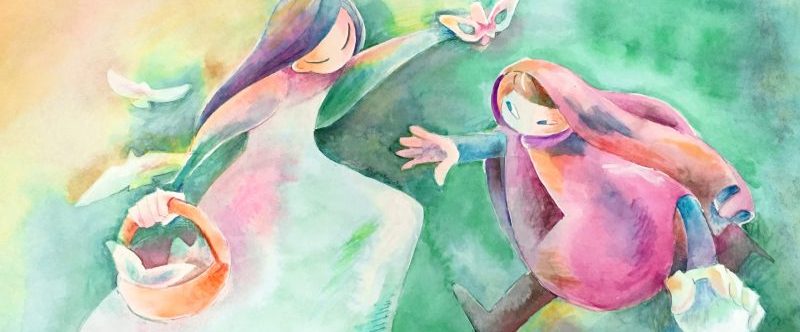 イラスト。バスケットに鳥のようにも仮面のようにも見える何かを持っている人。それを奪おうとする人。その人は何か球体のようなものを持っている。