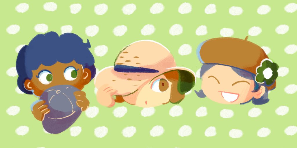 3人の人のイラスト。キャップを持ったパーマヘアの子、つばの広い帽子を被った目の大きい子。お花のついたベレー帽を被った子。