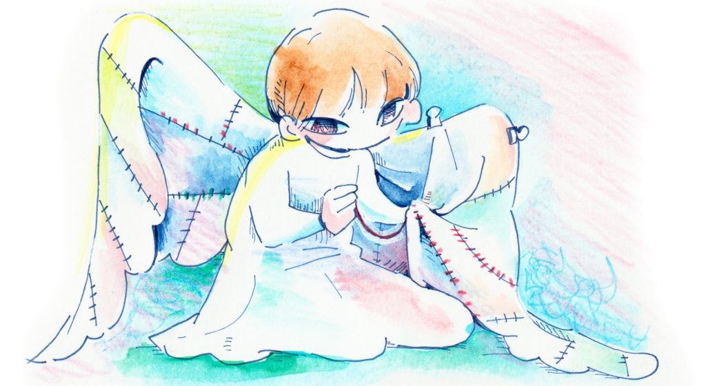 背負った羽を自ら縫い直している子ども