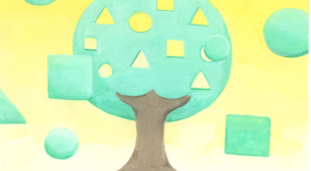 木のイラスト。葉が茂っている部分が、パズルのように型抜きになっている