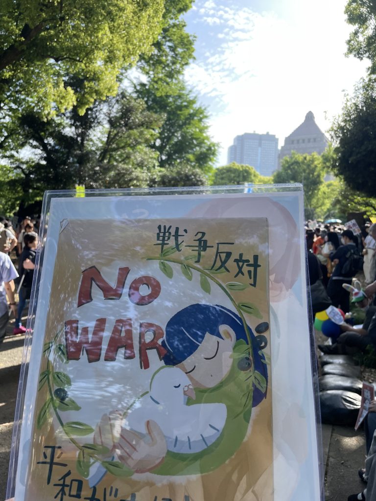 写真。国会議事堂をバックに、Tokinのイラストのプラカード。