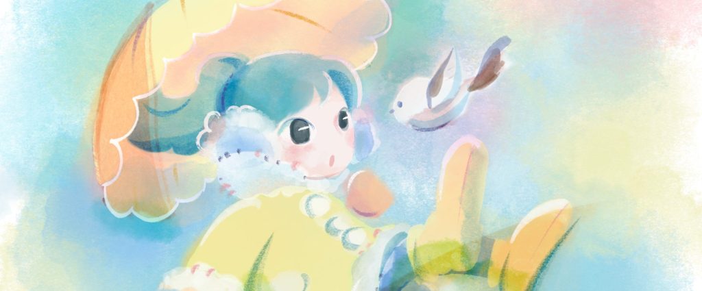 黄色の上着をきてパラソルをさしている女の子のイラスト。顔のすぐ近くにシマエナガが飛んできてびっくりしている。