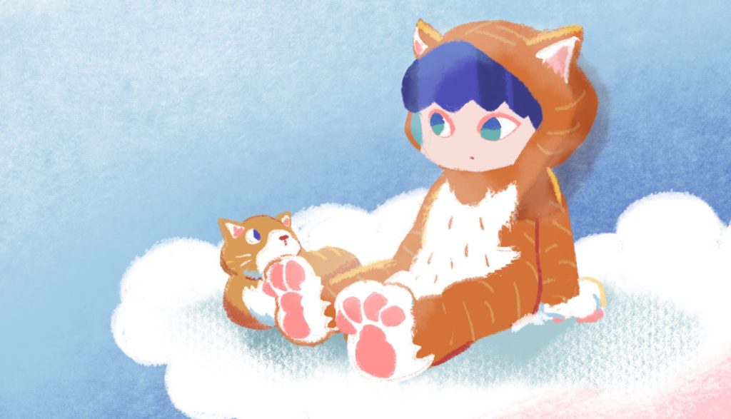 雲の上に座っている、猫の着ぐるみを着た人と、隣に座る猫