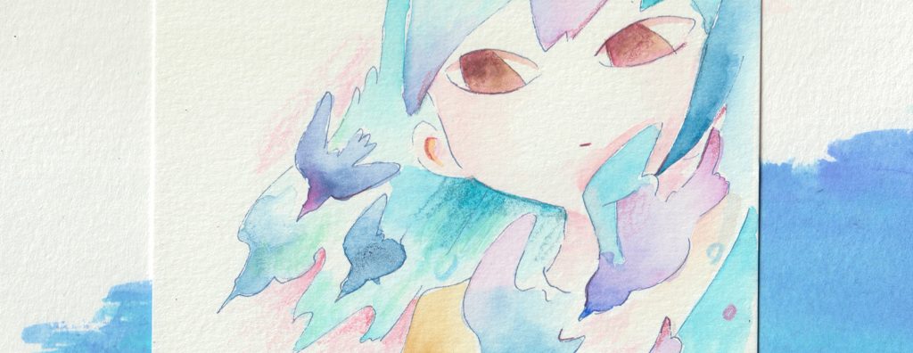 青い髪が、鳥のシルエットのように見える女性のイラスト