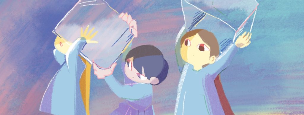 三人の人が一列に並んでいるイラスト。前の人に四角い箱を被せようとしている人。それに気づかず、やはり前の人に箱を被せている人。箱をかぶらされてびっくりしている人。