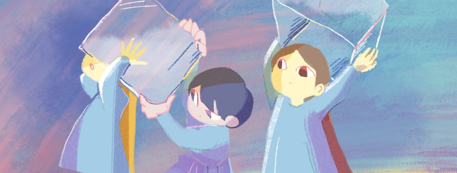 三人の人が一列に並んでいるイラスト。前の人に四角い箱を被せようとしている人。それに気づかず、やはり前の人に箱を被せている人。箱をかぶらされてびっくりしている人。