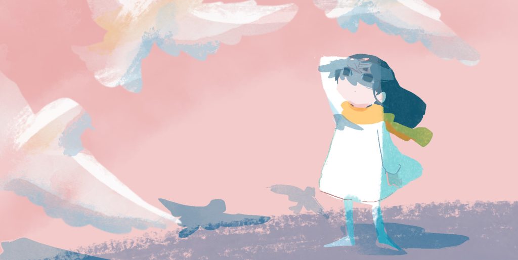 イラスト。画面を横切る鳩のシルエット。それを見上げている人。