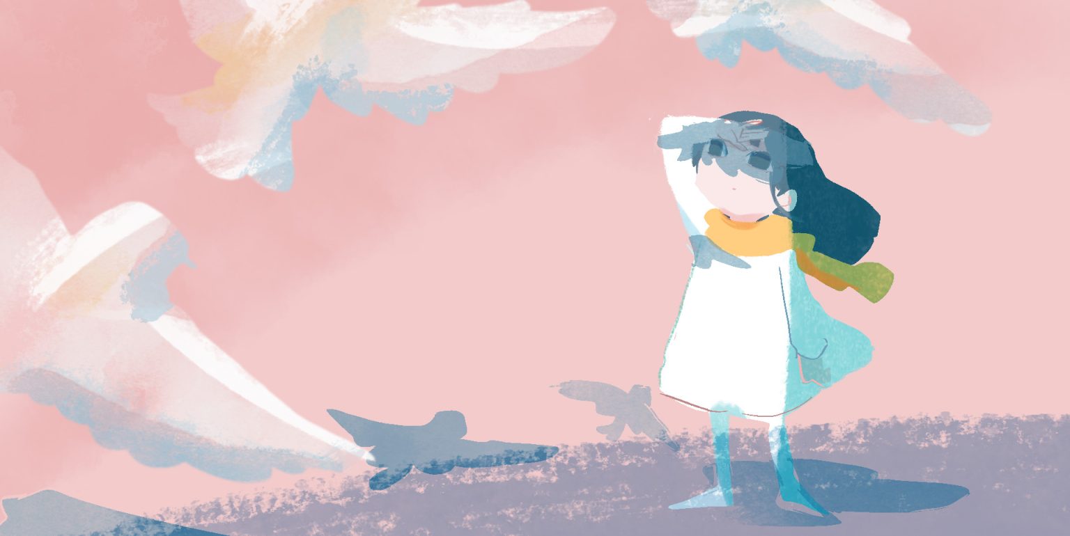 イラスト。画面を横切る鳩のシルエット。それを見上げている人。