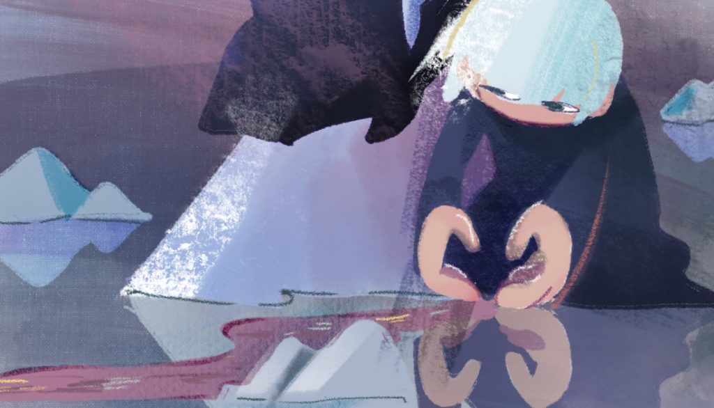 イラスト。氷のような地面に膝をつく人。その人の手が、鏡のように地面に映っている。