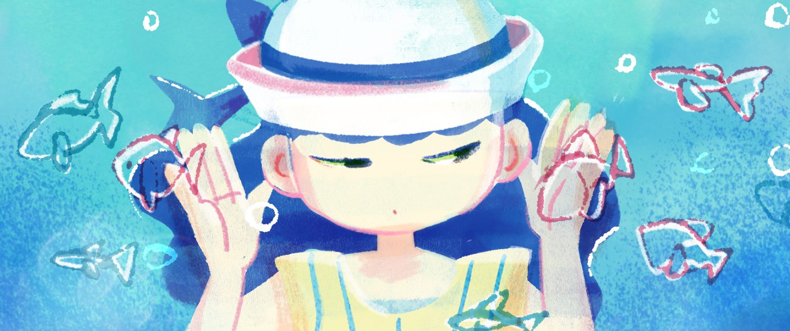 海のようなブルーの中で耳を澄ませている人。周囲には魚のシルエットが泳いでいる。