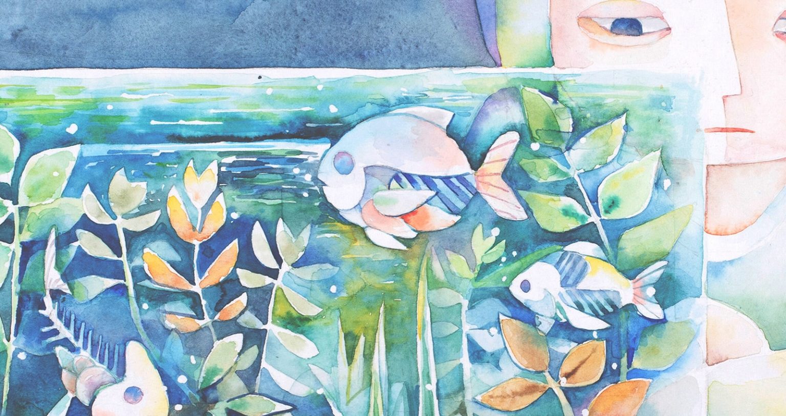 イラスト。魚が骨だけの状態担って水槽の中で泳いでいる。それを見つめている大きな顔。