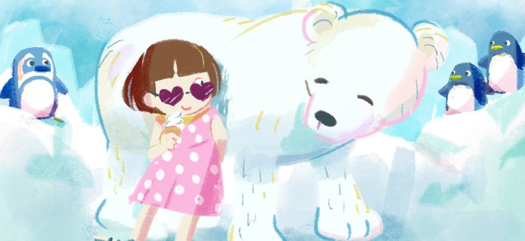 イラスト。笑顔のシロクマと、シロクマによりかかってソフトクリームを食べている水玉ワンピースの子ども。背景にはペンギンが歩いている。