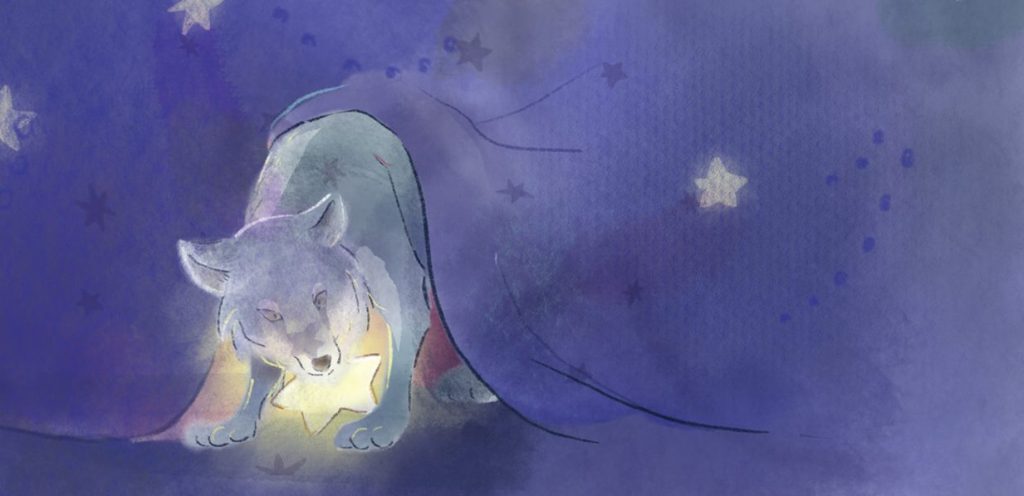 幕から顔を出す、光る星を口に咥えた狼のイラスト