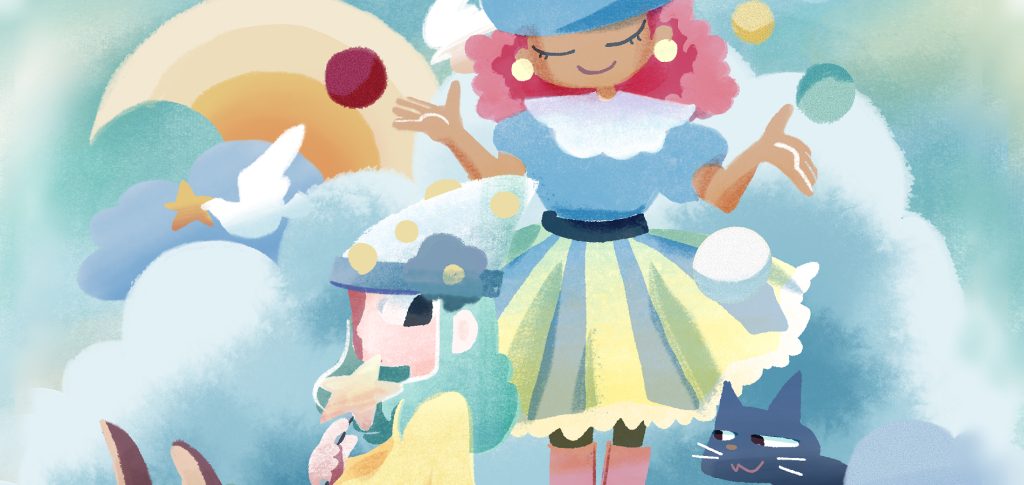 ピエロのような格好をした子が2人並んでいる。1人はボールを操っており、もう1人は、星のついたスティックを持っている。それを黒猫がのぞいている。