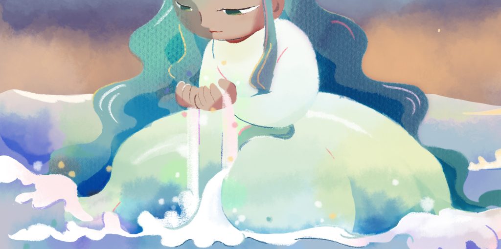 水面に座り、足元の水を手で掬っている、髪の長い人。