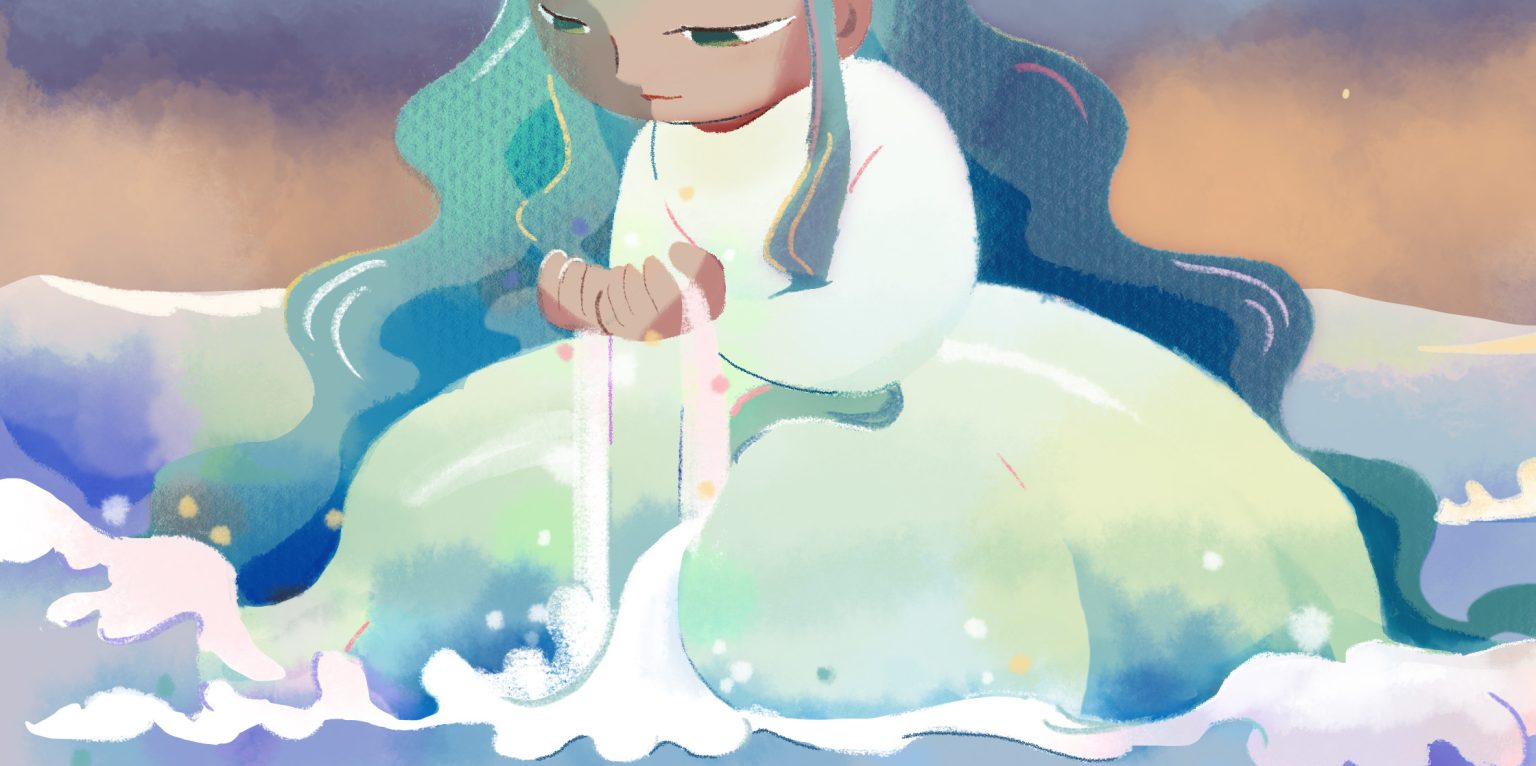 水面に座り、足元の水を手で掬っている、髪の長い人。