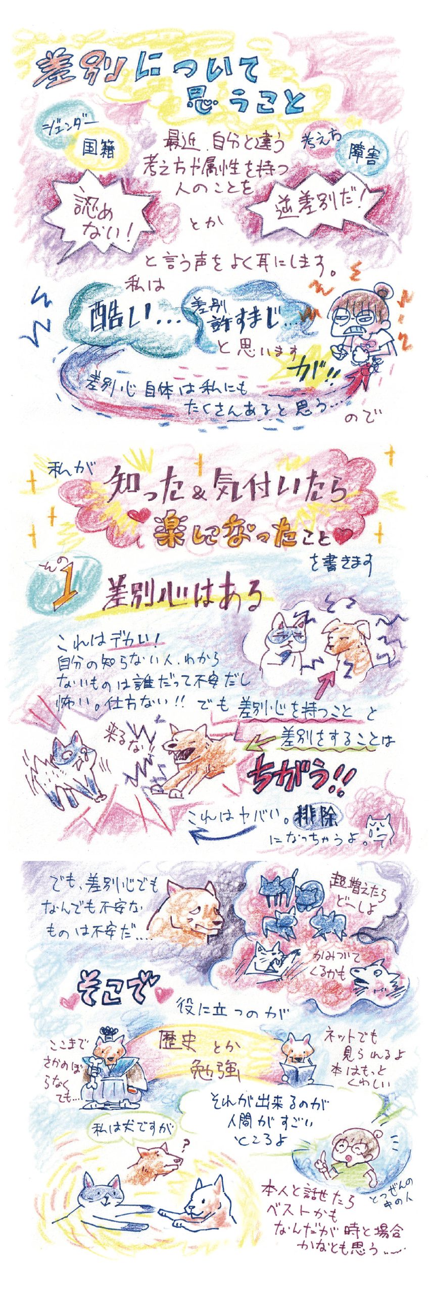 差別について思う事。最近、自分と違う考え方や属性を持つ人のことを「認めない」とか「逆差別だ」という声をよく耳にします。私は「酷い」「差別許すまじ」と思いますが、差別心自体は私にもたくさんあると思う…ので… 私が、知った＆気づいたら楽になったことを書きます。その１「差別心はある」。これはでかい！自分の知らない人、わからないものは誰だって不安だし、怖い。仕方ない！でも、差別心を持つこと（猫を疑いの目で見ている犬のイラスト）と差別をすること（猫に吠えている犬のイラスト）は違う。 でも、差別心でもなんでも、不安なものは不安だ。（犬のイラスト。「猫が超増えたらどうしよう」「噛みついてくるかも」と怯えている）そこで役に立つのが、歴史とか勉強。それが出来るのが人間のすごいところよ。（「私は犬ですが」と言っている犬のイラスト）本人と話せたらベストかもなんだが、時と場合かなとも思う…