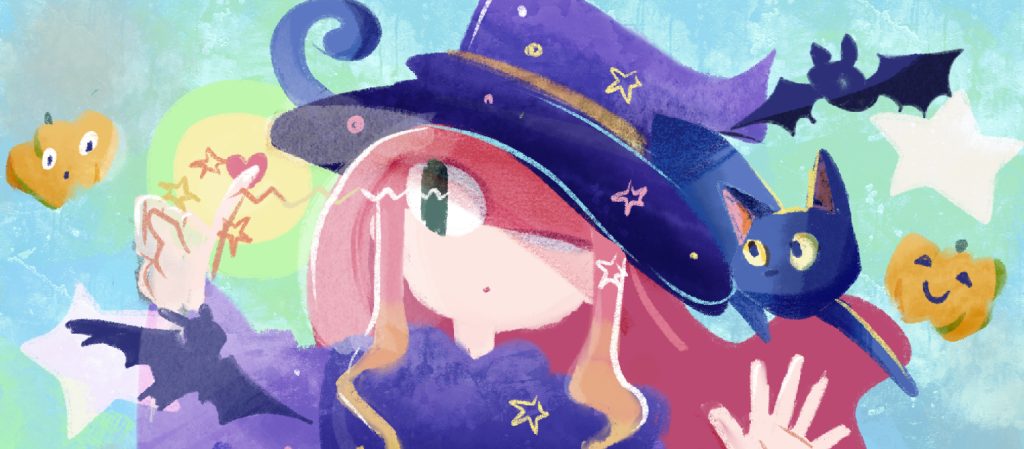 A witch wearing a purple cloak is casting sparkling spells. All around her, Halloween lanterns and black cats are flitting about. 紫色のマントを着た魔女がキラキラした魔法を散りばめている。周りにはハロウィンランタンや黒猫が飛び回っている。