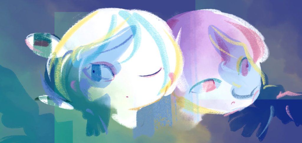 イラスト。子供の顔が二つ。鳥のシルエットが重なっている。